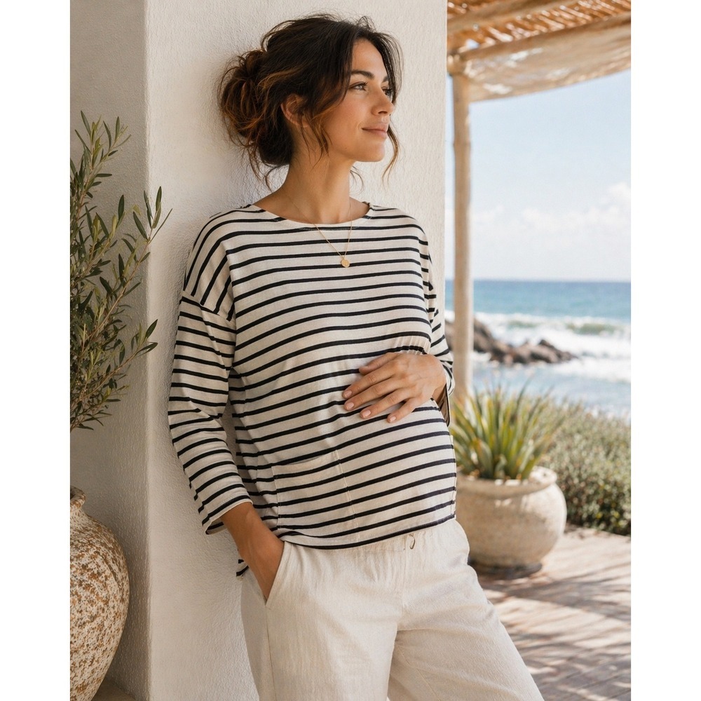 HATCH Maternity Striped Knit Top Women Size 0 (XS) 3/4 Sleeve Pockets